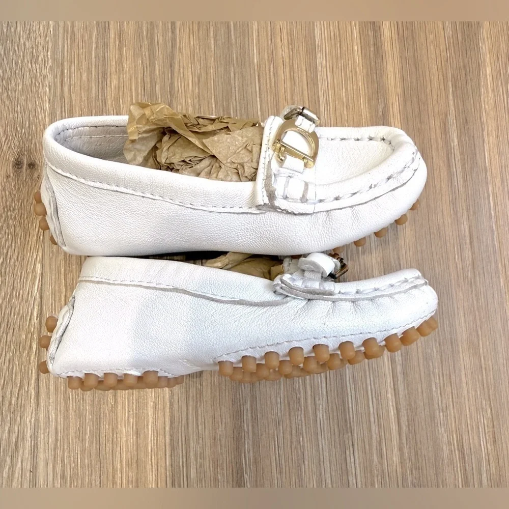 Ralph Lauren Baby Loafers White Leather Gold Bit Buckle Size 4